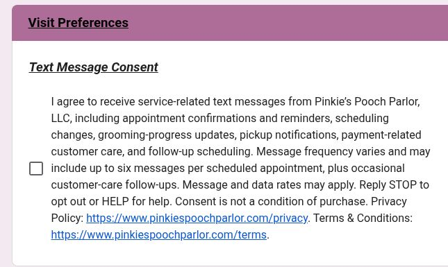 Pinkie’s customer registration form showing the Visit Preferences section and an unchecked optional SMS consent checkbox with the full disclosure.